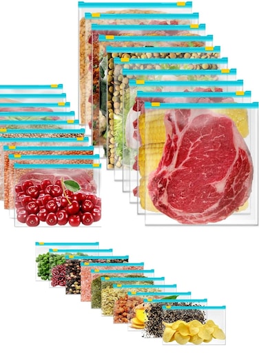 30 Piece Reusable Food Storage Bags or Plastic bags with Cleanable Ziplock Bags for Kitchen Freezer - Includes 10 Small, 10 Medium, and 10 Large Zipper Bag