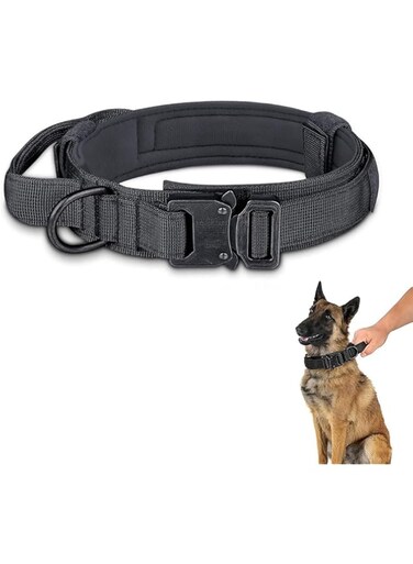 JZS Tactical Dog Collar, Adjustable Military Training Nylon Dog Collar with Control Handle and Heavy Metal Buckle for Medium and Large Dogs(Black,M)