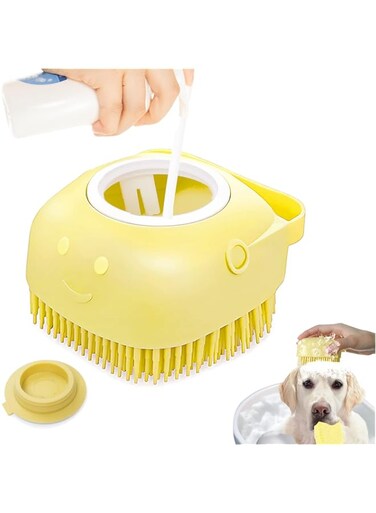 FURUBETA Dog Cat Bath Brush, with Soap and Shampoo Dispenser Dog Grooming Brush Massage Brush Soft Silicone Rubber Bristle for Short Haired Dogs Cats Shower(yellow)