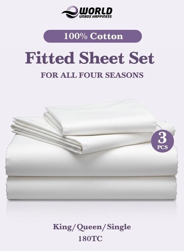 3-Piece 100% Cotton Fitted Bedsheet Set (180 Thread Count) &acirc;&euro;&ldquo; White   Deep Pocket &amp; 2 Pillow Covers   King, Queen &amp; Single Sizes