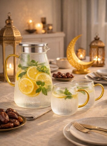 1500 ML Borosilicate Stripe Glass Water Pitcher with Stainless Steel Strainer Lid And 2 Pcs 350ML Glass Mugs with Golden Handle, Heat Resistant Juice &amp; Beverage Set