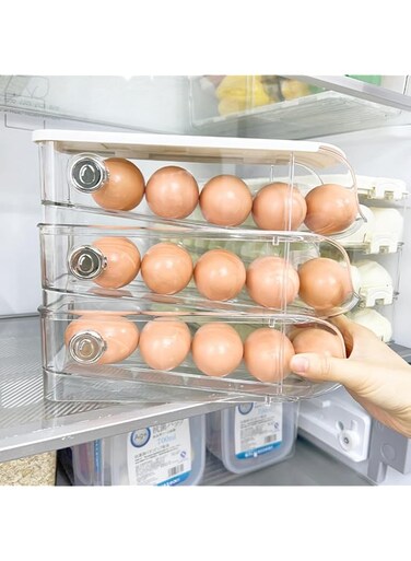 3 Tiers Egg Holder for Fridge, Auto Rolling Fridge Egg Dispenser with Lid, Stackable Egg Containers Clear Plastic Egg Tray for Fridge