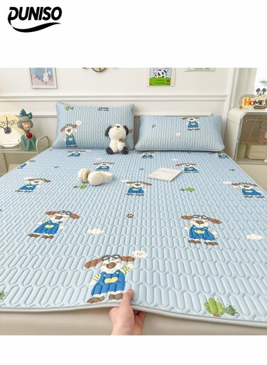 3-Piece of Ice Silk Cooling Bedding Set,Extreme Heat Cooling Bedding Set,Anti-Slip Latex Cool Silk Bed Cover with 2 Pillowcases,Latex Mattress Pad for Summer Heat,Breathable Sheets,Night Sweat Relief, Printed with Cartoon Dog Pattern&iuml;&frac14;&OElig;180*200CM