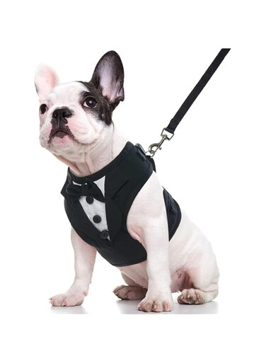 Kuoser Dog Tuxedo Harness, Adjustable Dog Harness No Pull for Small Medium Dogs, Dog Wedding Suit with Bow Tie Party Costume, Black,2XS