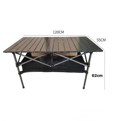 Black Folding camping table carbon steel portable roll-up picnic table for 4-6 person BBQ Party Large Size 120*60*55cm (With mesh bag）
