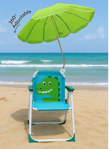 Kids&rsquo; Foldable Beach &amp; Camping Chair with 360&deg; Adjustable Umbrella &ndash; Lightweight, Portable Outdoor Seat for Sun Protection &ndash; Dinosaur Green