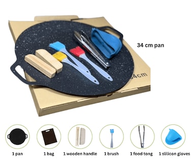 Grill pan set, round stovetop pan, non-stick  pan SET (34 cm) includes, gloves, handle, brush, tong