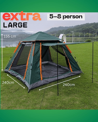 Extra Large Automatic Pop-Up Camping Tent for 5-8 Person, 240x240x155cm &ndash; Instant Setup, Windproof, Lightweight Camping Tent with 2 Doors, Mesh Windows &amp; Carry Bag, Green