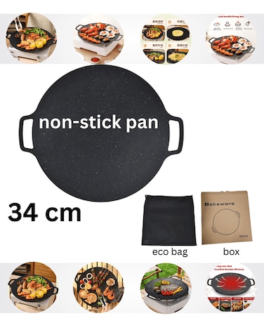 Grill Pan, Korean Style Round Stovetop Grill with Handles Nonstick BBQ Grilling Pan Easy to Clean Barbecue Stovetop Plate for Camping, Indoor Outdoor (34CM