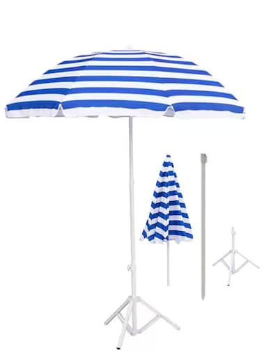 مظلة شاطئ قابلة للطي مع حامل - حماية من أشعة الشمس فوق البنفسجية 50+، مظلة شمسية خارجية محمولة مع حقيبة حمل   ارتفاع قابل للتعديل، سهلة التركيب للشاطئ، الفناء، الحديقة، النزهات - أزرق وأبيض