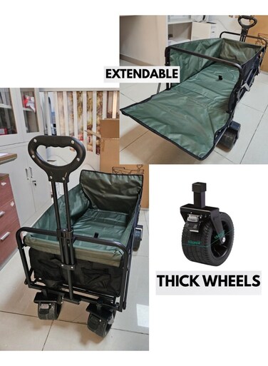Extendable Heavy-Duty Folding Trolley Wagon Cart &ndash; 360&deg; All-Terrain Big Wheels, High Capacity (190kg Max) &amp; Portable Utility for Beach, Camping, Shopping &amp; Outdoor Adventures- Black &amp; Green