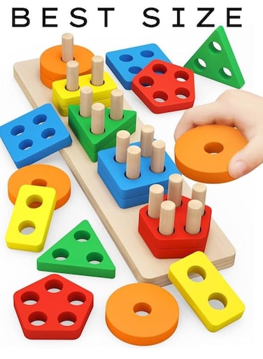 Wooden Shape Sorting &amp; Stacking Toy for Toddlers 1&ndash;3 Years, Montessori Educational Puzzle with Color Recognition &amp; Geometric Blocks, Learning Toy for Boys &amp; Girls, Preschool Fine Motor Skill Development Gift
