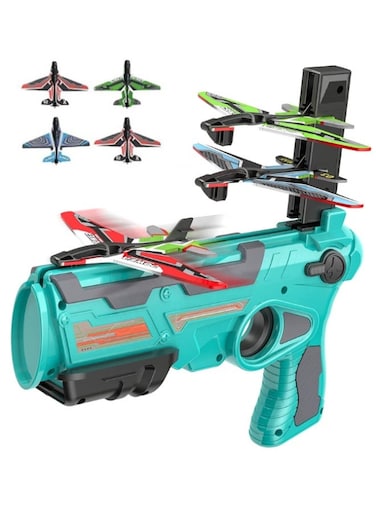 Air Battle Plane Launcher Gun Toy with 4 Foam Gliders &ndash; One-Click Ejection Catapult Airplane Shooting Game for Kids Boys &amp; Girls &ndash; 2 Flight Modes, Safe Foam Design, Outdoor Flying Toy for Fun &amp; Learning