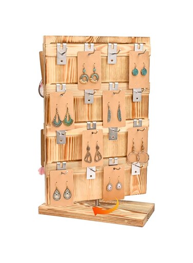 Lolalet Wood Rotating Jewelry Display Stand for Selling, 32 Hooks Earring Card Spinning Display Stand Rack, Jewelry Holder for Necklaces Bracelets Keychain -Oak