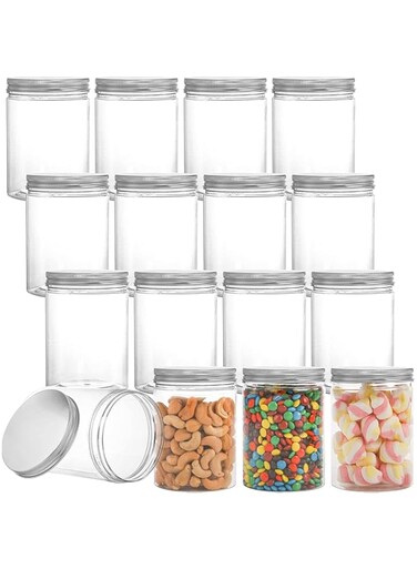 bpa 16 Pack Clear Plastic Jars Bottles Containers with Silver Ribbed Lids 400ml Straight Cylinders Storage Container for Food &amp; Home Storage