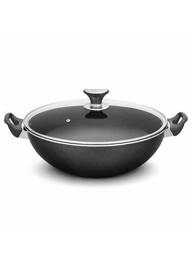 Cooking Wok With Glass Lid 27 cm &amp; 3 Ltr Capacity, Teflone Non-Stick Coating PFOA Free &amp; Bakelite Heat Resistant Handle, Durable, Long Lasting Construction, Even Heating, Easy to Clean.