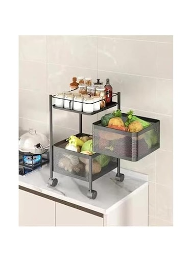 Sulfar Multi Purpose Trolley Storage Organizer And kitchen accessories items for Kitchen Storage Rack Square Design Fruits &amp; Vegetable Onion Cutlery (Matt Black, 2 Layer Drawer)