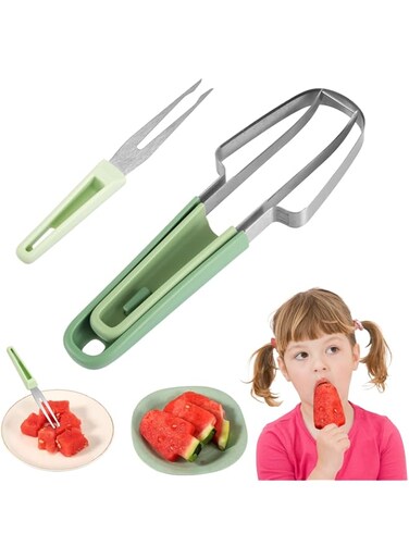 NQEUEPN 3-in-1 Watermelon Fork Slicer Cutter, Stainless Steel Watermelon Slicer Fork Melon Cutter Knife Fruit Watermelon Cutting Tool Multifunctional Portable Home Kitchen Gadgets (Green)