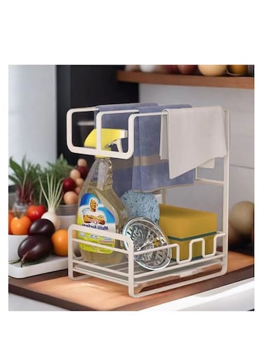 Kitchen Sink Caddy, Iron Sponge Holder with Removable Drainer, Kitchen Rag Stand Soap Storage Organizer Dishcloth Towel Drying Rack for Countertop or Wall Mount (White)