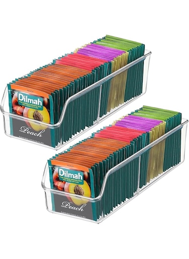 Tea Bag Organizer,Clear Tea Bag Storage Holder Tea Box,Food Storage Organizer Bins Box for Sugar Packet,Coffee,Spice Pouches in Kitchen,Cabinet,Countertop,Pantry (2 Pack)