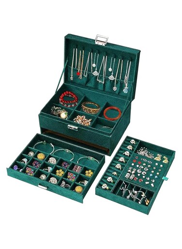 Hileny Jewelry Box Makeup Cosmetic Case, Jewelry Organizer for Women 3-Layer Jewelry Box Organize Jewelry Box with Lock Jewelry Holder for Necklace Earrings Bracelets Rings Watches(Green-3 Layer)
