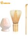 Matcha Whisk Set, 3-Piece Handmade Natural Bamboo Set (Stirrer, Spoon With Hook, Brush Placer), Falling Cherry White