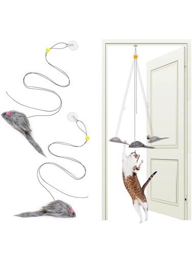 MintCat 2PCS Hanging Cat Toy, Cat Interactive Toys for Indoor Cats, Home Alone Self Play Cat Toys, Cat Door Toy with Adhesive Hooks, Cat Training Stimulation Kitten Toys, Mouse Indoor Cat Toys Pack