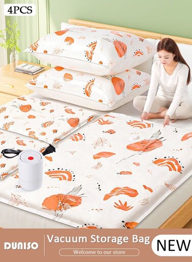 4 PCS Moisture-proof Vacuum Storage Bag with Electric Pump, Reusable Travel Vacuum Sealer Bags, Compression Airtight Sealer Bags with Seal Special-Grip Clip, Space Saver Compression Bags for Clothes, Mattress, Blanket, Duvets, Pillows, Comforters, Quilt