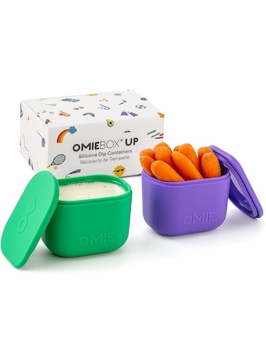 OmieBox UP (2 pack) Leakproof Dips Containers To Go, Salad Dressing Container, Condiment Container with Lids - Food Safe Silicone - 4.5 ounces (Purple/Green)