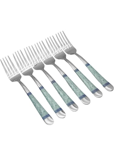 RK Stainless Steel Dessert Fork Set, Blue Decor, RK0082, 6 Pieces, Sweet Fork   Pastry Fork   Dessert Utensil Silver/Blue 20.5cm