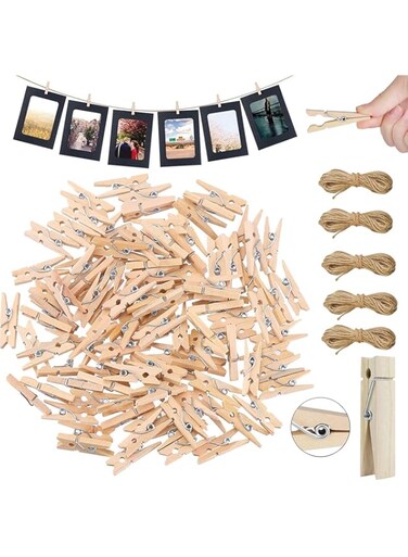 BPA 100pcs 3.5x0.7x0.9cm Mini Wooden Photo Clips,Natural Wooden Clothespins with 10m Natural Twine,for Art Craft Photographs Pegs DIY Decoration in Home