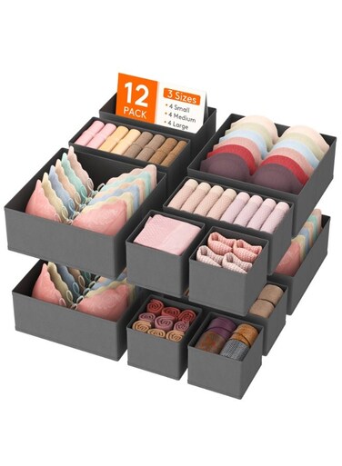 12 Pack Drawer Organisers, Foldable Storage Box Fabric Drawer Dividers Wardrobe Storage Organiser Storage Cubes for Closet, Dresser, Nursery, Bedroom, Foldable Cube Boxes for Clothes, Pants, Underwear, Sock, Bras Organization, Grey