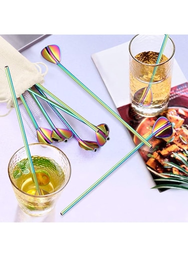 Kalevel 8pcs Drinking Straw Spoon Reusable Stainless Steel Straws with Case and Brush Cleaning for Cocktails Coffee Smoothies (Rainbow)