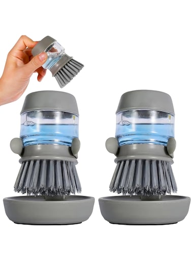 Dish Scrub Brush with Soap Dispenser and Drip Tray - Durable Palm Scrub Brush for Dish, Pot, Pan, and Sink Cleaning - Ergonomic Kitchen Scrubber with Storage Stand