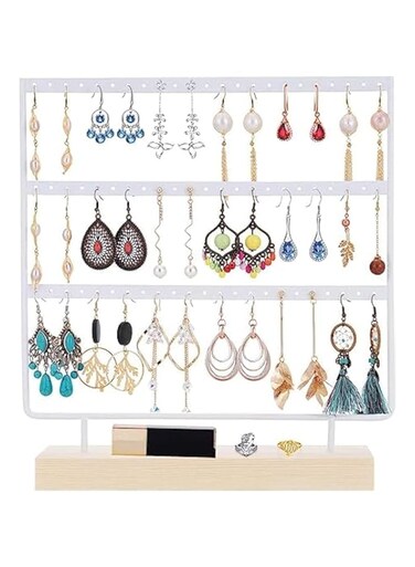 Benting Earrings Organizer Jewelry Display Stand, 3-Tier Earring Holder Rack for Hanging Earrings, Metal and Wood Basic Large Storage Earring Jewelry Display Tree WIith Wood Stand (White)