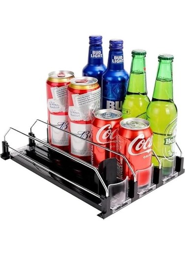 Durku Soda Can Dispenser for Refrigerator,Self-Pushing Drink Organizer for Fridge, Width Adjustable Fridge Organization, Beer Pop Can Water Bottle Drink Dispenser for Fridge (Black-3 Row)