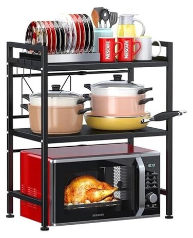 Extendable Microwave Oven Rack, Adjustable Microwave/Toaster Shelf Heavy Duty Stand Kitchen Counter Top Organizer,3 Tier with 6 Hooks,Black