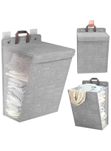 BananaHome Hanging Laundry Hamper with Lid and Removable Laundry Bags, Large Collapsible Dirty Clothes Basket with Handles,for Bedroom, Dorm,Laundry Room, Closet, Bathroom, (1, Gray)