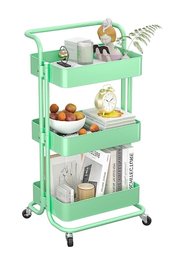 3 Tier Rolling Utility Cart with Handles and Lockable Wheels Green