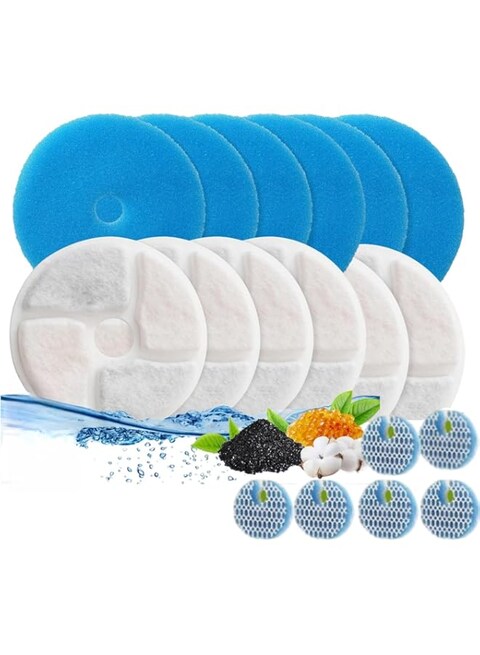 FEJYTOR 6 Set Cat Water Fountain Filter Replacement for Round 2L/67oz Stainless Steel Cat Fountain, ZEKIRY Pet Fountain Filter, Triple Filtration Replacement Filters(6 Filter, 6 Sponge, 6 8D Sponge)