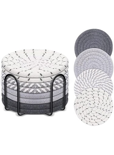 ORiTi 8 Pcs Coasters for Drinks, 11cm Absorbent Coasters with Holder, Cotton Woven Drink Coasters, Braided Coasters Heat-Resistant for Home Decor Tabletop Protection Suitable for Kinds of Cups