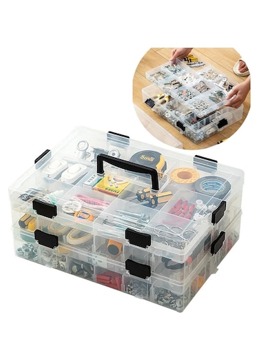 4-Tier Stackable Tools Storage Box, Plastic Adjustable Storage Containers with Carry Handle Transparent Containers Organizer for Storing Tools &amp; Organizing Toys, Jewellery, Beads, Arts &amp; Craft