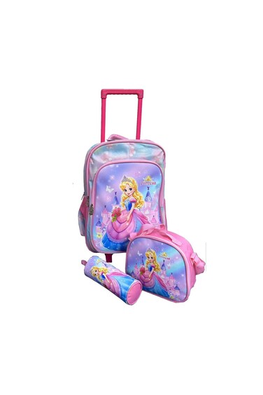 3 Pieces Cartoon-Printed School Trolley Bag for Kids  18 Inch with Lunch Bag and Pencil Pouch Included (Pink Princess Design, 18 Inch)