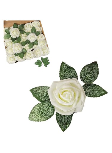 Duomama Ivory Rose Silk Flowers - 25 Realistic Fake Roses with Stems for DIY Wedding Bouquets, Centerpieces, Party Decorations - Lifelike Artificial Flowers for Baby Shower, Home Arrangements