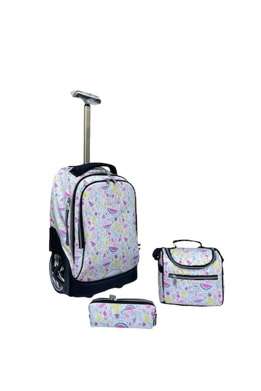3-Piece Rolling School Set, 18-Inch Wheeled Backpack with Lunch Bag and Pencil Case, Pastel.WHITE FRUIT PRINT