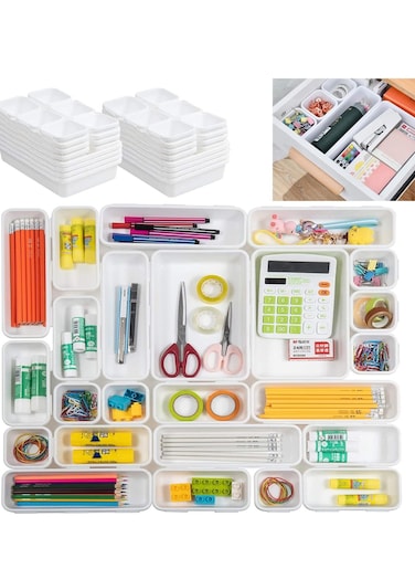 Drawer Organizers, Drawer Dividers Storage Bins, Desk Organizer Trays, 32 PCS Separators Drawer Divider for Kitchen, Bathroom, Office