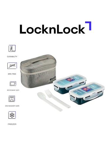 &amp; LOCK LocknLock Insulated Lunch Bag 5-Piece Set Grey, Airtight, BPA-Free Food Containers with Water Bottle, Spoon &amp; Fork, Portable Meal Prep Lunch Kit for School, Work &amp; Travel