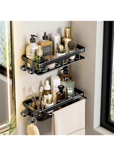 SWIUKPHE Bathroom Organizer 2Pcs, Shower Caddy Shelves, Adhesive or Drilling Bathroom Shelf Shower Rack with 4 Hooks, Note: Both products do not come with rods(Black)