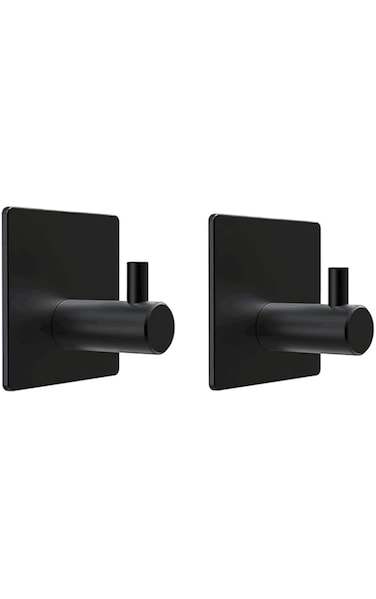 ECVV Towel Hooks for Bathrooms, Heavy Duty Bath Robe Hook for Hanging Coat Hat Towel, Strong Self-Adhesive Shower Hook Black Pack of 2 Pcs