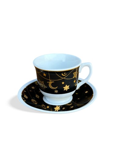 Ceramic Tea Cups with Saucers &acirc;&euro;&ldquo; Set of 6, Moon &amp; Star Gold Accent, 80ml Capacity, Elegant Arabic Design for Majlis, Cawa, and Hospitality